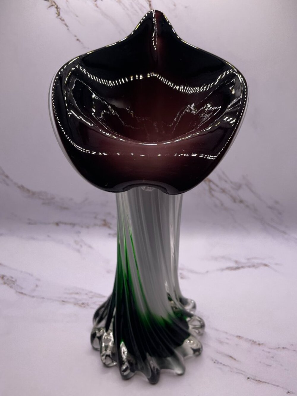 Vintage Murano Style Jack in the Pulpit Glass Vase Calla Lily Purple Green 7.75"